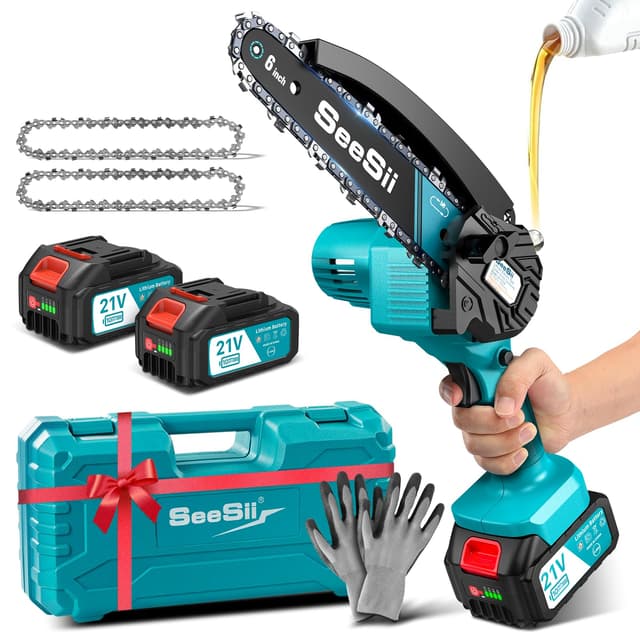 SEESII Mini Kettensäge mit Akku 8000mAh 6 Zoll, Akku Kettensäge mit Automatischer Öler und Ersatzkette, Handkettensäge Akku für Gartenscheren Astschere Holzschneidenz 6 Inch