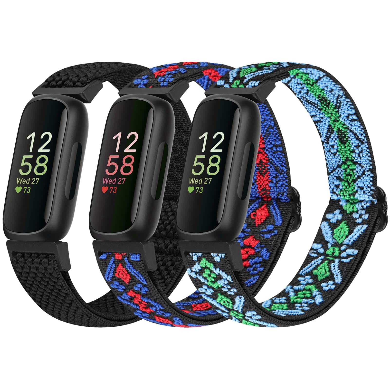 Bcuckood Elastisches Armband Kompatibel mit Fitbit Inspire 3/Inspire 2/Inspire/Inspire HR/Ace 2/Ace 3, Verstellbares Ersatzarmband Damen Herren Kinder Dehnbare Weiche Sport Nylon Armband Schwarz+Boho Rot+Boho Blau