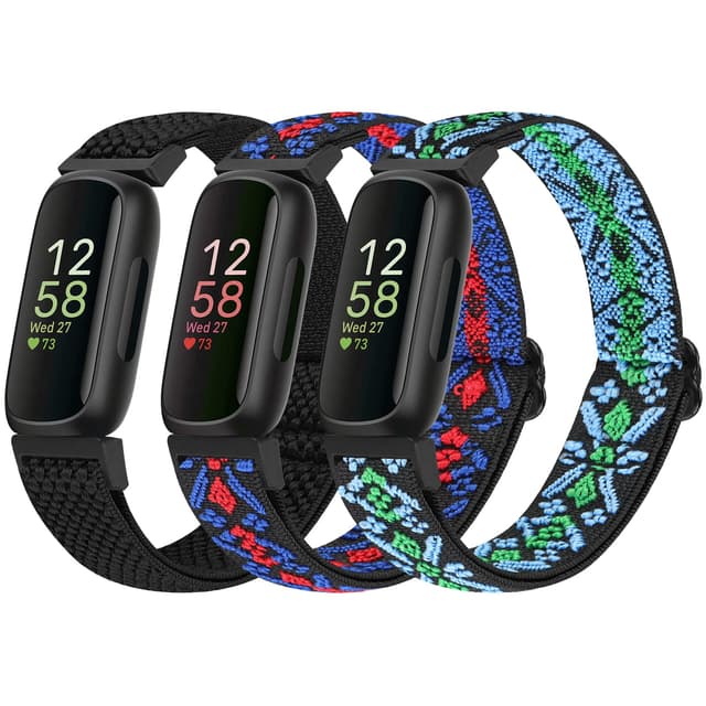 Bcuckood Elastisches Armband Kompatibel mit Fitbit Inspire 3/Inspire 2/Inspire/Inspire HR/Ace 2/Ace 3, Verstellbares Ersatzarmband Damen Herren Kinder Dehnbare Weiche Sport Nylon Armband Schwarz+Boho Rot+Boho Blau