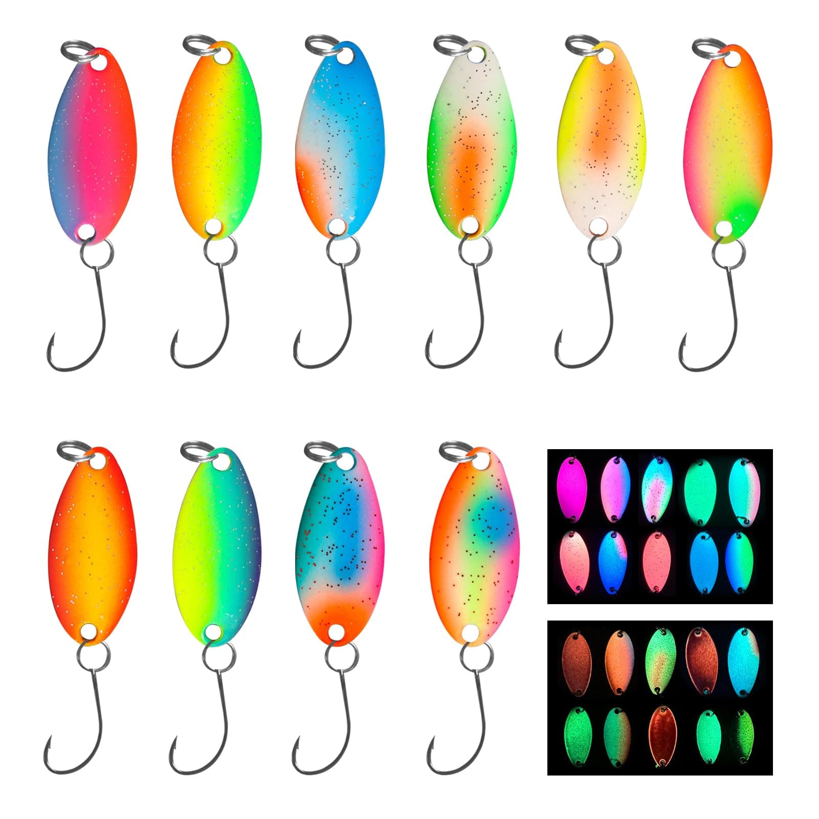 UV Aktive Glow Spoons Forelle | 10 Stück in Box | Spoons Forelle Forellen Blinker Angeln Forelle Forellen Köder Set zum Forellen Angeln Forellenteig (2,5g)