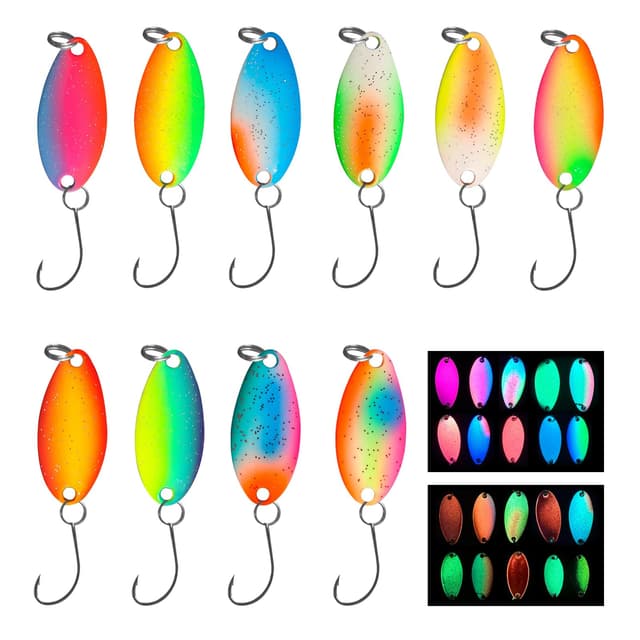 UV Aktive Glow Spoons Forelle | 10 Stück in Box | Spoons Forelle Forellen Blinker Angeln Forelle Forellen Köder Set zum Forellen Angeln Forellenteig (2,5g)