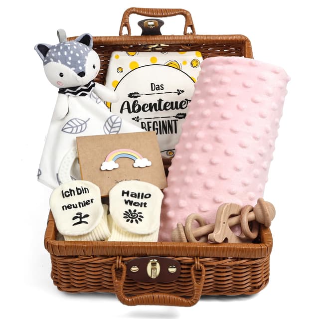 Neugeborenen Geschenk, 7-in-1Baby Geschenkset für Jungen Mädchen: Baby Decke,Schmusetuch, Holzrassel mit Elefant, Lätzchen,Socken in Geschenkbox|Baby Geburt Geschenk, Babyparty Idee-Rose Pink