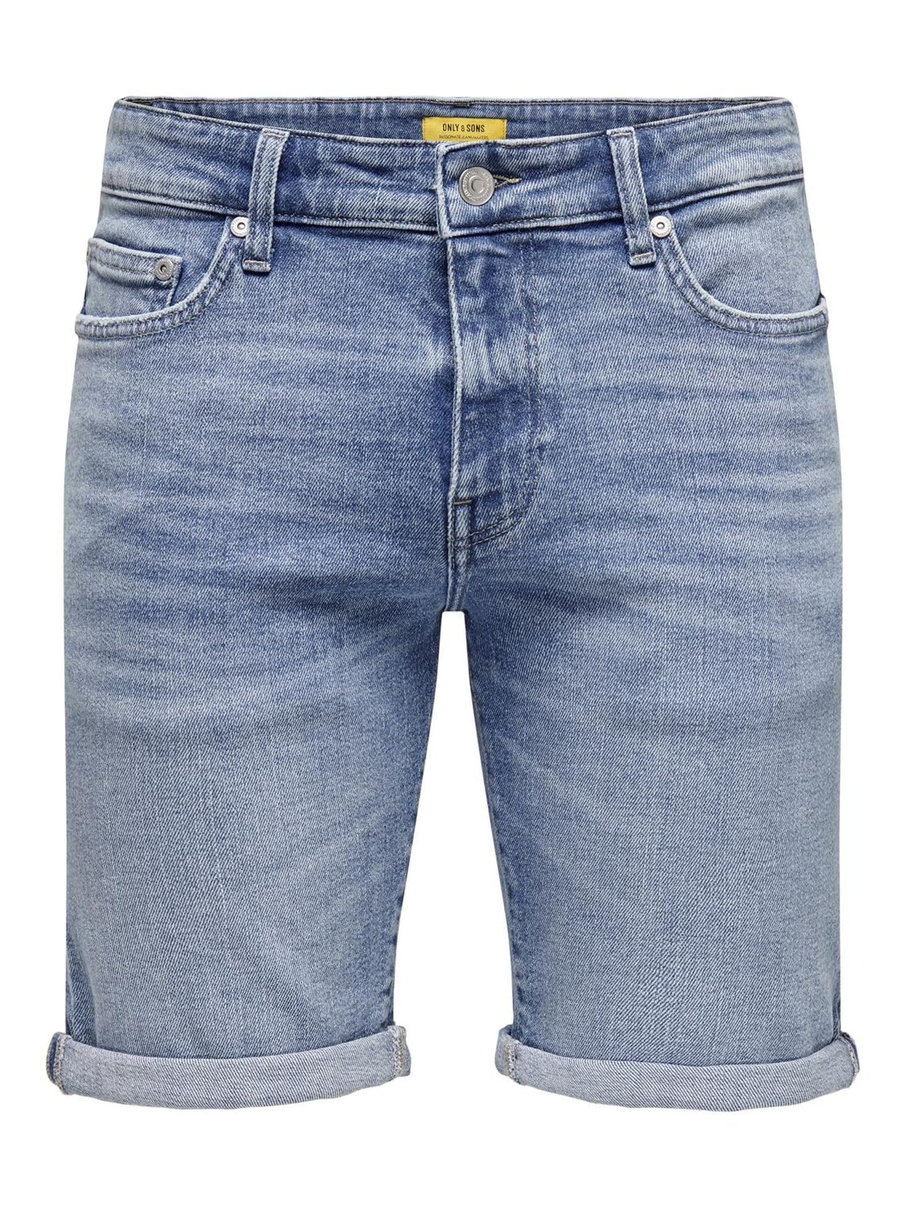 ONLY & SONS Herren Jeansshorts, fünf Taschen, Knopfverschluss, umgeschlagener Saum