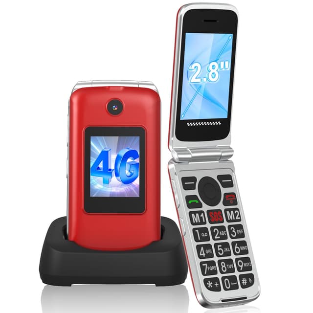 CHAKEYAKE 4G Seniorenhandy Klapphandy Ohne Vertrag, Dual SIM Seniorentelefon mit Groüe Tasten, 2.8" Groüe Bildschirm, Flip Phone Senioren Flip Handy mit SOS Notruftaste, Kurzwahl, Ladestation (Rot)