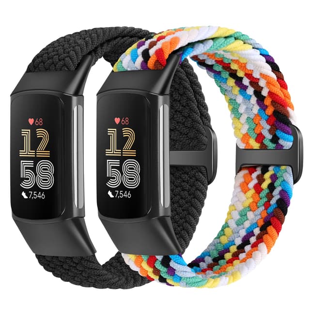 Yunshare Elastische Geflochtene Armband Nur Kompatibel mit Fitbit Charge 6/Fitbit Charge 5, Verstellbare Solo Loop Dehnbares Nylon Gewebe Ersatzarmbänder für Fitbit Charge 6/Charge 5 Damen Herren Schwarz+Pride Edition