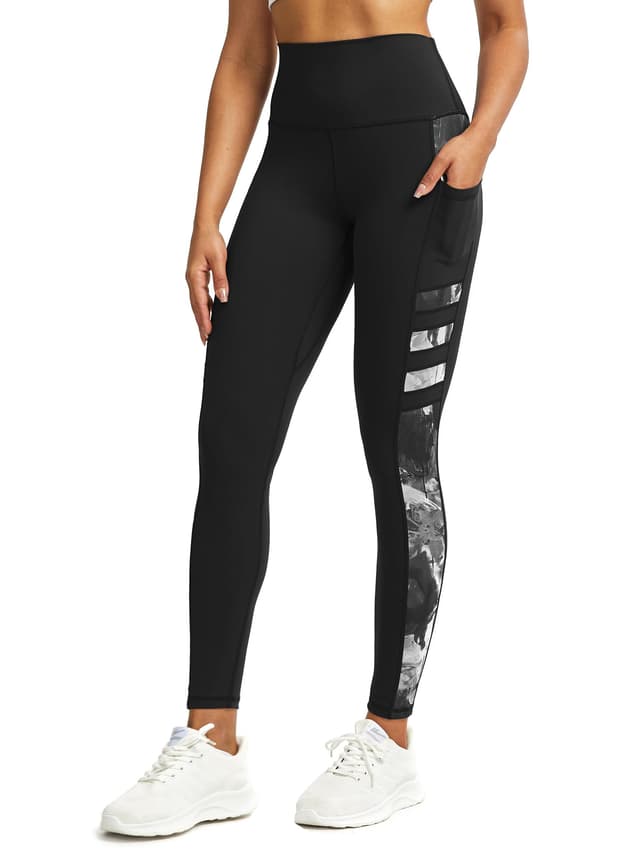 Tuspryt Sport Leggings Damen mit Taschen，Blickdicht Sporthose Damen lang Trainingshose Yogahose Fitnesshose Laufhose Leggings M 03 Schwarz /Druck