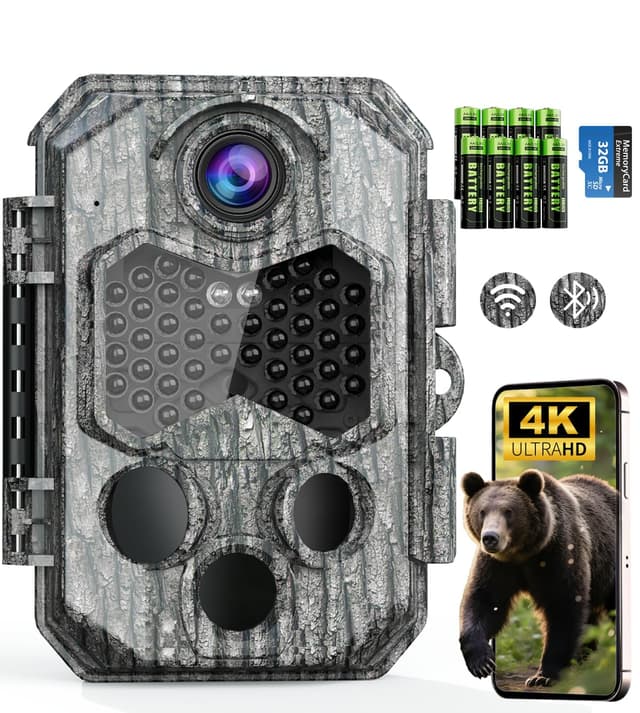 Wildkamera mit Handyübertragung App, 84MP 4K WLAN Wildkamera mit 8 AA-Batterien, 130 ° Weitwinkel Wildtierkamera mit Bewegungsmelder Nachtsicht, 32GB Speicherkarte, IP66 Wasserdicht