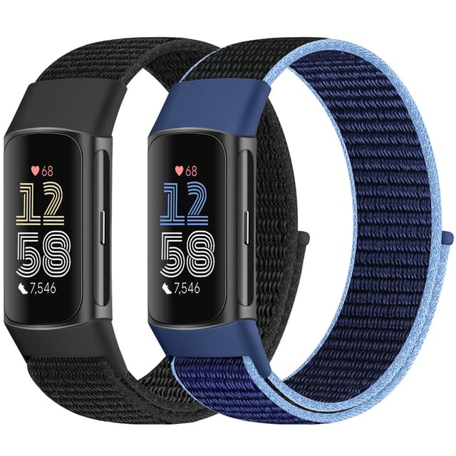 Bcuckood 2Stück Nylon Loop Armband Kompatibel mit Fitbit Charge 6/Fitbit Charge 5 für Damen Herren, Nylon Ersatzarmband Sport Solo Loop Uhrenarmband für Fitbit Charge 6/Fitbit Charge 5 Dunkel Schwarz+Neues Mitternachtsblau