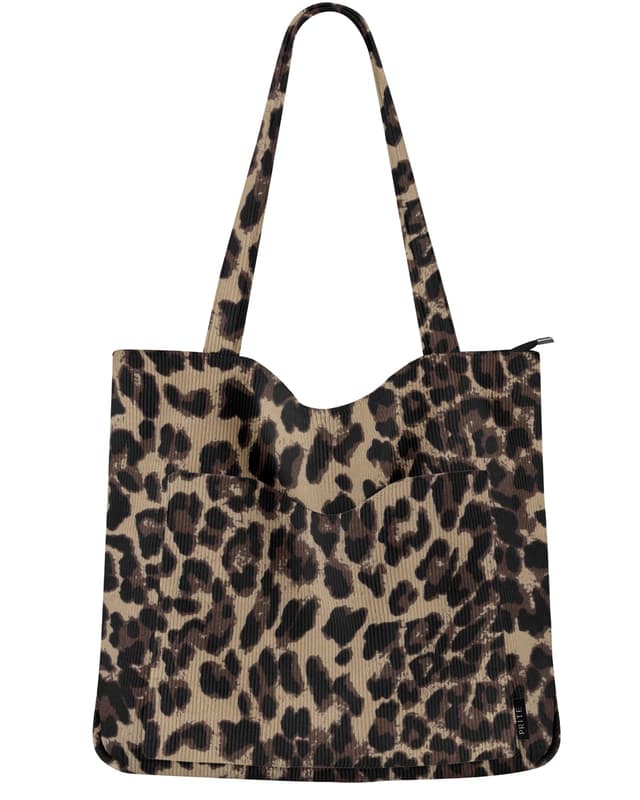 Prite Handtasche Damen Tote Bag Shopper Groß Umhängetasche Cord Beuteltasche Stofftasche für College Schule Arbeit Reisen Einkaufen Leopardenmuster