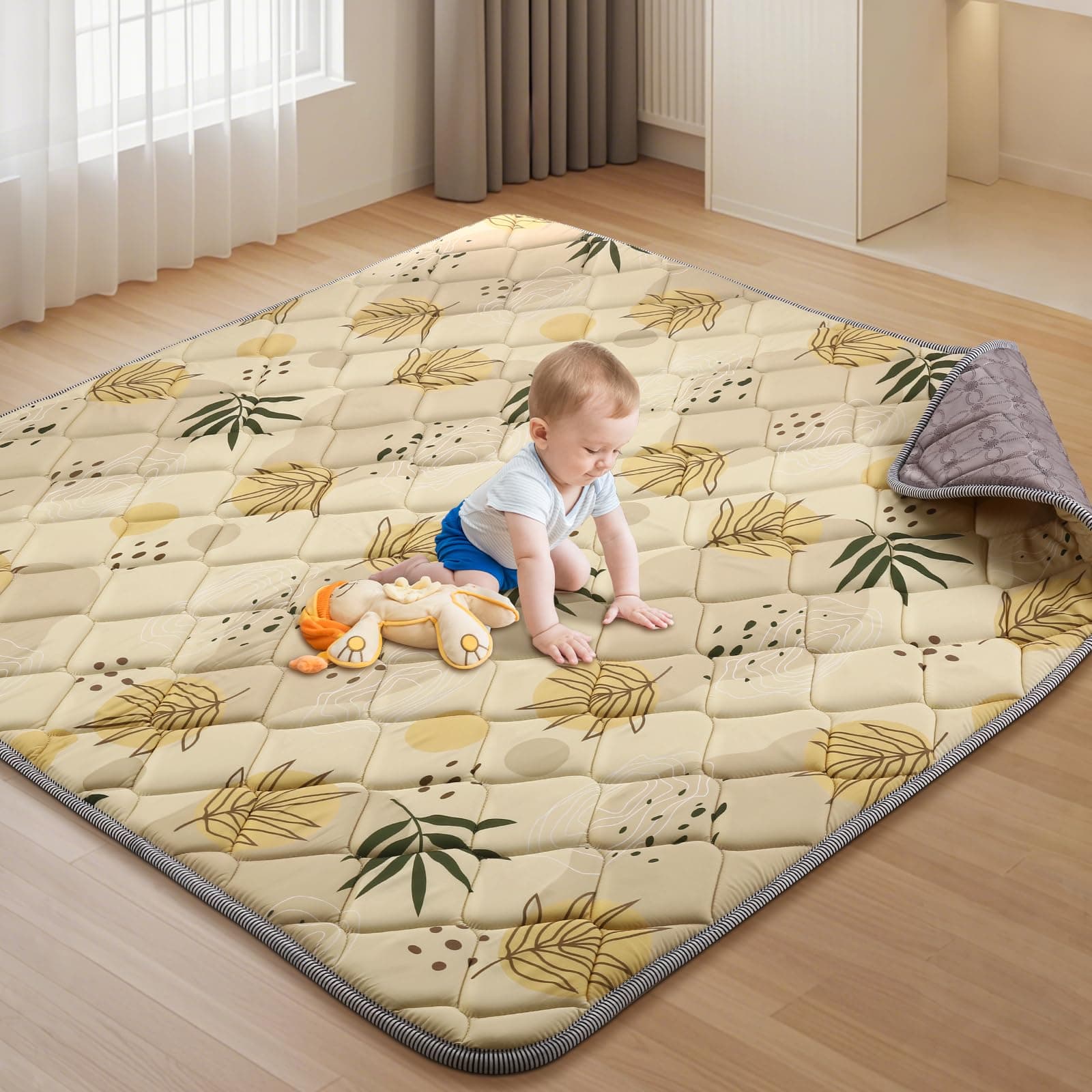 Tuocal Baby Spielmatte 127x127cm Krabbelmatte, Dicke Weiche Polsterschaum Krabbeldecke für Babys und Kleinkinder, Anti Rutsch Matte Faltbare & Maschinenwaschbare Baby Spieldecke für Laufgitter, Bambus Bambus 127x127cm