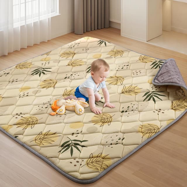 Tuocal Baby Spielmatte 127x127cm Krabbelmatte, Dicke Weiche Polsterschaum Krabbeldecke für Babys und Kleinkinder, Anti Rutsch Matte Faltbare & Maschinenwaschbare Baby Spieldecke für Laufgitter, Bambus Bambus 127x127cm