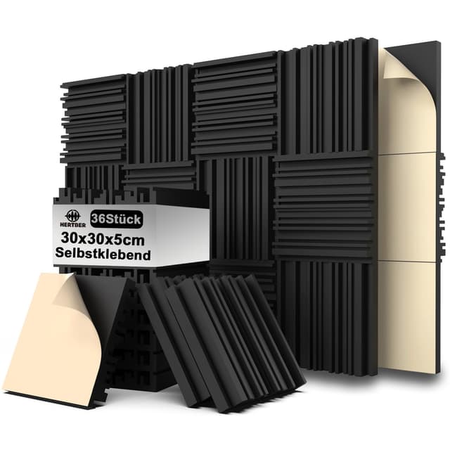 HERTBER 36 Stück Akustikpaneele, Selbstklebend Wandpaneele, Schwarz Gerillte Akustikschaumstoff 12 x 12 x 2 Zoll, Akustikplatten Hohe Dichte Schalldämmung Selbstklebend für gaming zimmer und büro 30*30*5cm 36er-Pack selbstklebende gerillte Paneele