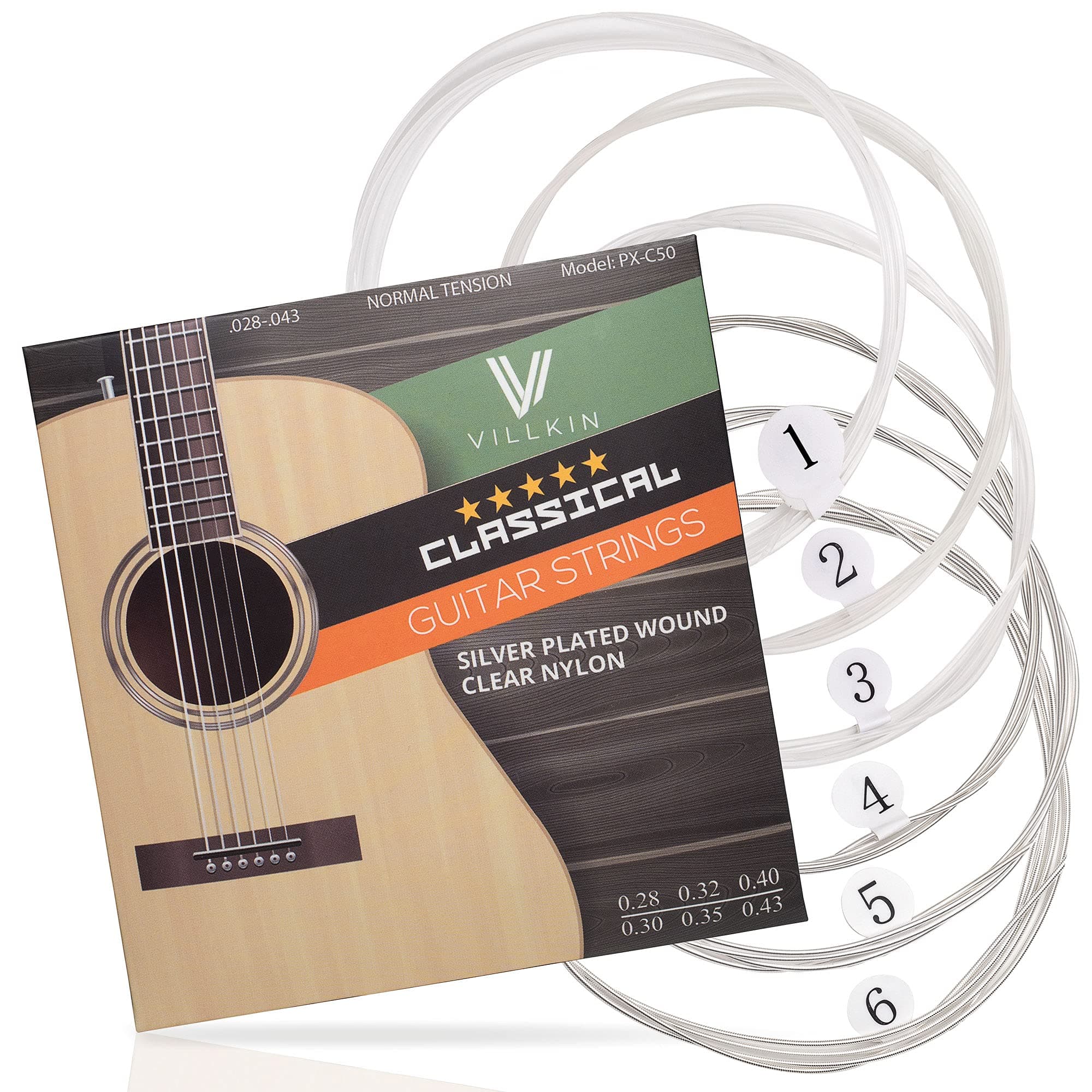 Gitarrensaiten von Villkin - Premium Nylon-Saiten für Klassische-, Konzert-& Akustik-Gitarre - 6 Saiten Set 1er Pack (6 Saiten)
