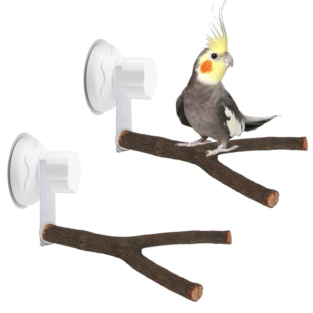 2er-Set Holz Vogelstange mit Saugnapf Y-Typ Vogelstangenständer Sitzstangen Vögel Ständer Spielzeug Vogelschleifklauen Klettern Stehend für Kakadu Ara Lovebirds Sittich 25 cm
