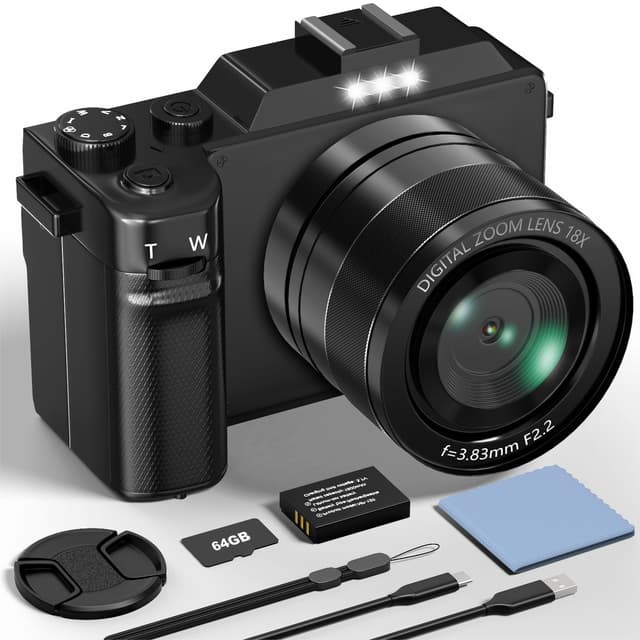 Digitalekamera, 5K 64MP Fotokamera mit WiFi, 64GB Karte, Autofokus, Selfie 3-Zoll LCD-Bildschirm, kompakte Vlogging-Kamera für YouTube, Weitwinkel- & Makroobjektiv für Anfänger und Erwachsene black-2