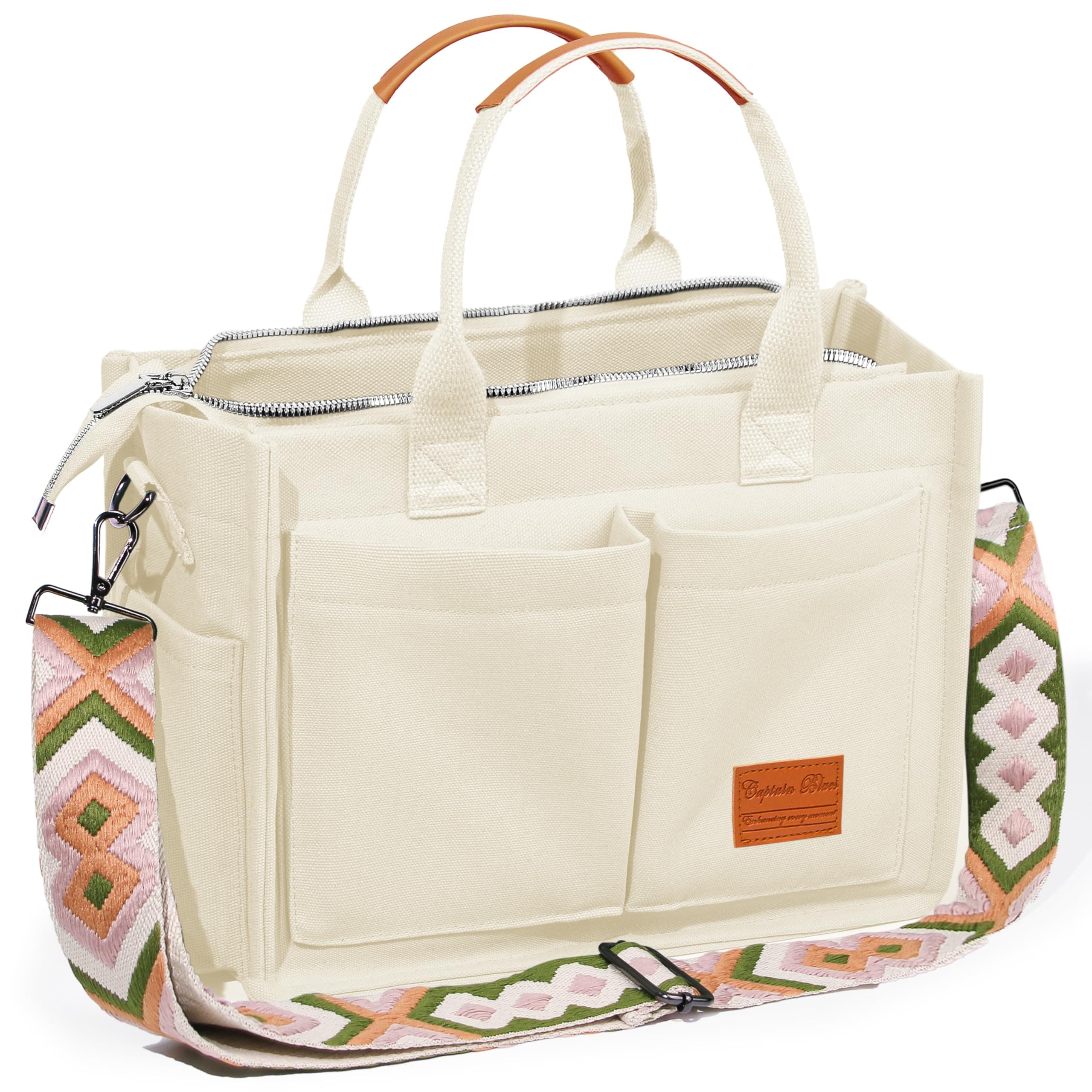 Captain Blues Canvas Tasche Damen, große Tote Bag, Arbeitstasche Damen, Handtasche Umhängetasche Schultertasche mit Fächern für Uni, Schule, Shopper New Upgrade Plus Beige