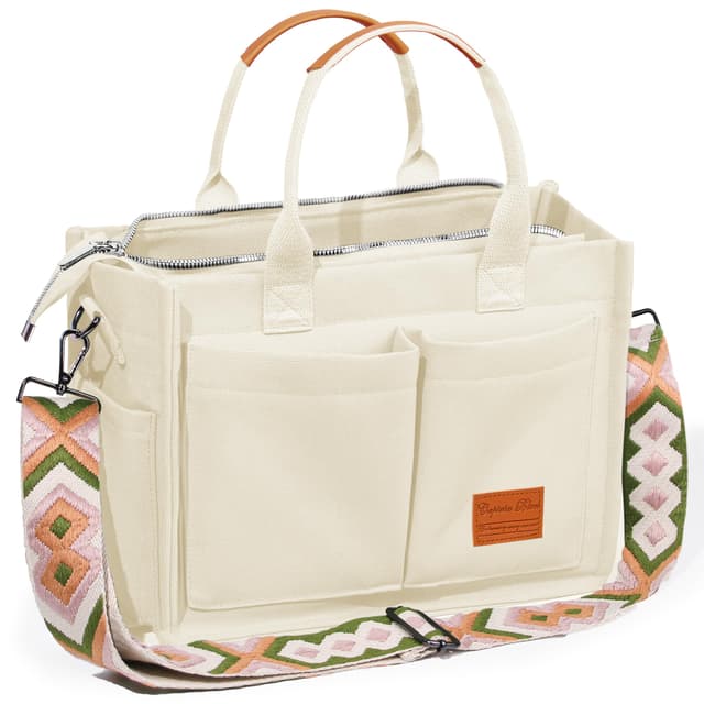 Captain Blues Canvas Tasche Damen, große Tote Bag, Arbeitstasche Damen, Handtasche Umhängetasche Schultertasche mit Fächern für Uni, Schule, Shopper New Upgrade Plus Beige