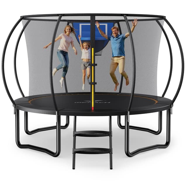 MERACH Trampolin Outdoor 305cm/366cm/427cm/488cm, Trampolin Sicherheitsnetz und Basketball, MaxLoad 330 lb Bodentrampolin Outdoor Gartentrampolin