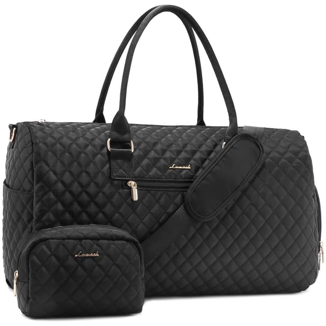 LOVEVOOK Reisetasche Sporttasche Damen, 45L Groß Weekender Travel Bag Kliniktasche Geburt mit Kulturtasche, Schuhfach & Nassfach, Wasserdichte Handgepäck Tasche für Gym Flugzeug Reisen, Schwarz