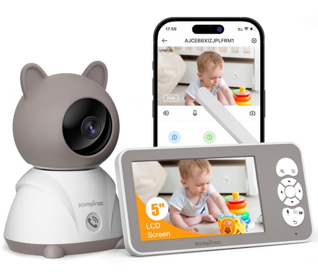 Babyphone mit Kamera und App 2K/3MP - 5 Zoll WLAN Baby Monitor PTZ 360° IR Nachtsicht 2-Wege-Audio, Automatische Verfolgung, Weinen/Bewegungs/Geräusch-Erkennung Temperaturüberwachun
