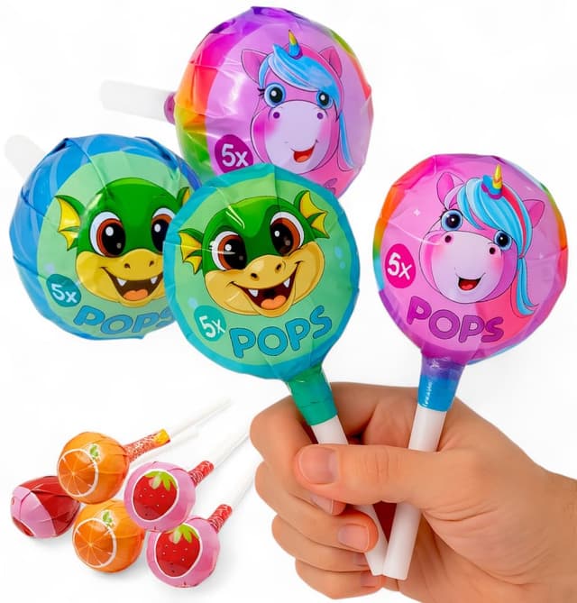 MIJOMA Mini XL Lollipops – 4er Set mit je 5 Lutschern (Erdbeere & Orange) – Natürliche Farben, glutenfrei, halal – Kindergeburtstag Süßigkeit, 4x30g