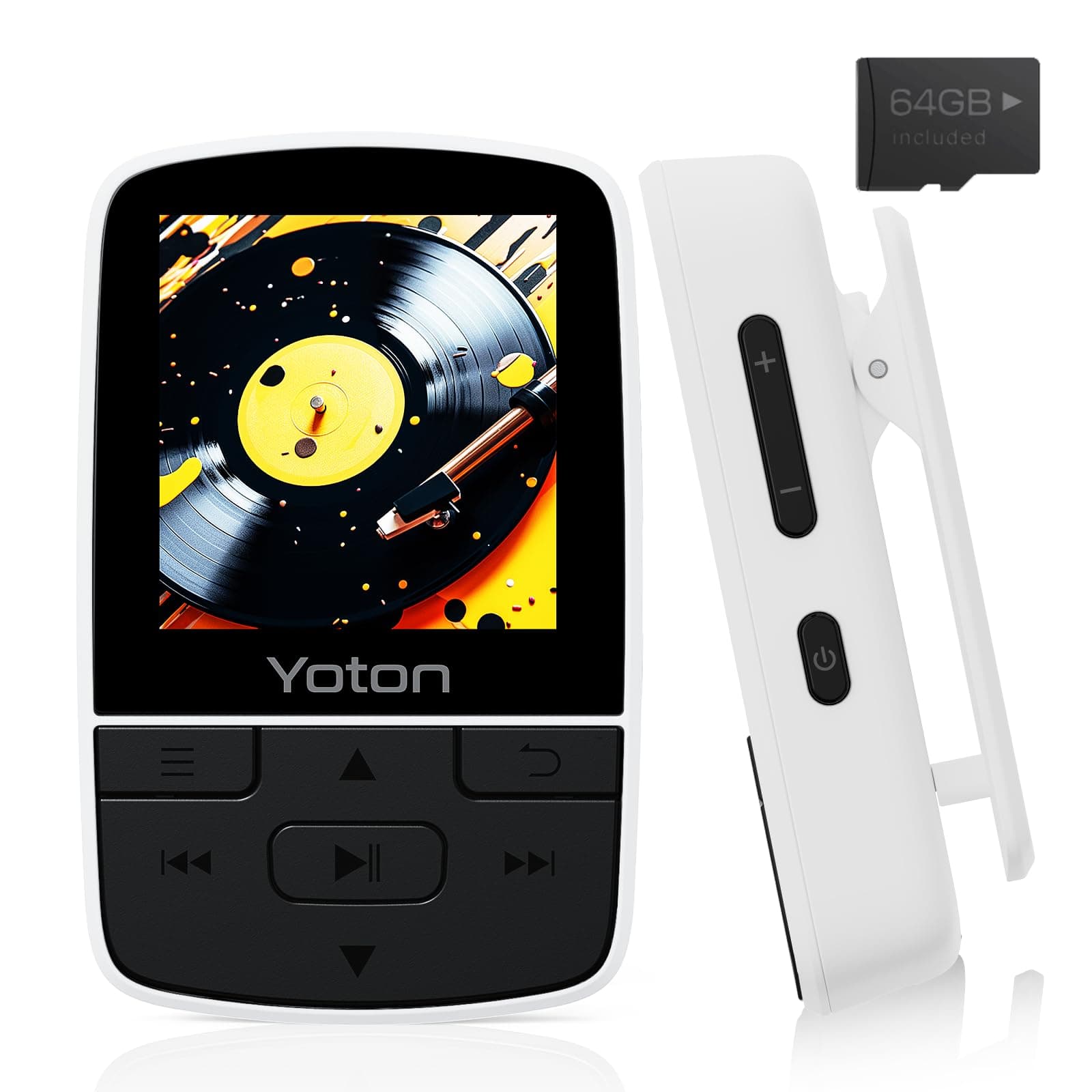 YOTON MP3-Player mit Bluetooth 5.2, 64 GB Speicher, kompakter HiFi-Musikplayer mit Sportclip, unabhängiger Lautstärkeregler, FM-Radio, inkl. Kopfhörer, weiß