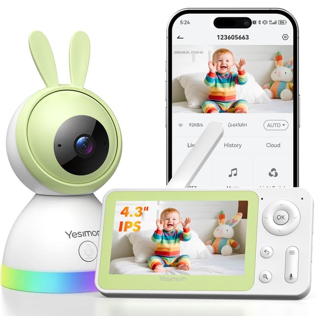 YESIMOM Babyphone mit Kamera 1080P HD PTZ 360°, 4.3" WLAN Baby Monitor mit App, IR Nachtsicht, 4X Zoom, Video Babyfon mit Bewegungs-/Geräuscherkennung, 2-Wege-Audio, Auto-Tracking, Bereichsalarme Babyphone mit 1 Kamera