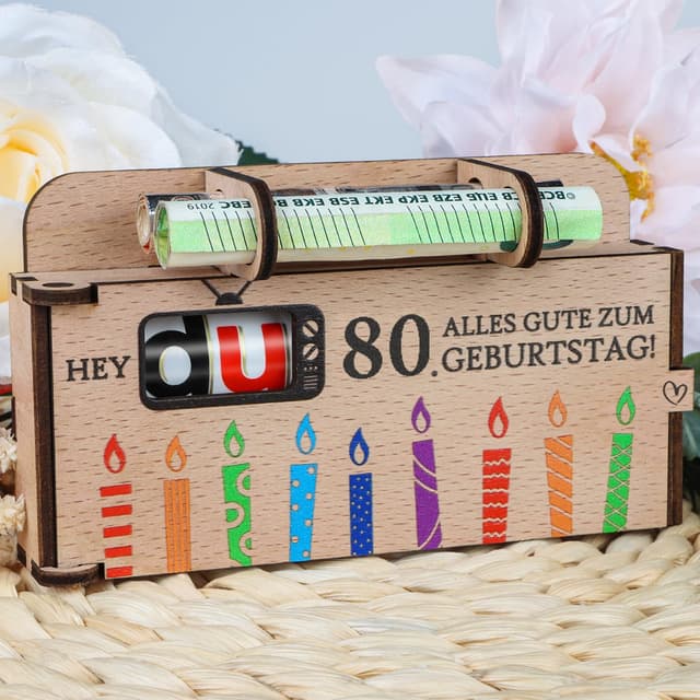 TUZELIYA Originelle 80. Geburtstag Geldgeschenke Holz - Duplo Schokoriegel-Geschenkbox Deko - Geschenkideen zum 80. Geburtstag Frauen Männer - OHNE Duplo