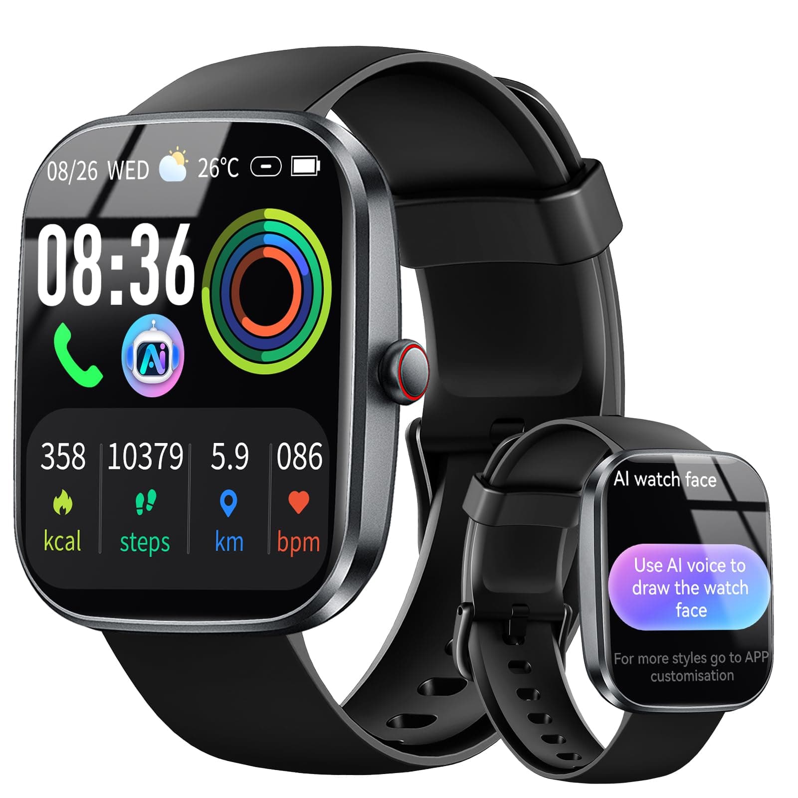uaue AI Smartwatch Herren Damen, 1.91" Fitnessuhr Integrierte ChatGPT-AI und Telefonfunktion, Pulsuhr/Schlafmonitor/Schrittzähler/110+ Sportmodi Smart Watch, IP68 Wasserdicht Sportuhr, für Android iOS A-Schwarz