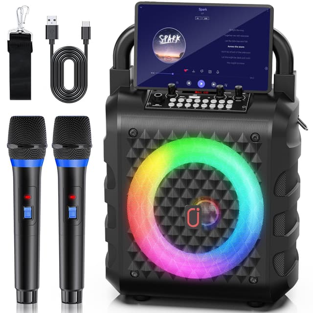 HWWR Karaoke Maschine mit 2 drahtlosenMikrofones, Tragbaren Bluetooth Lautsprecher, Karaoke Anlage für Karaoke, Hausparty, PA-System für Erwachsene Partybox Unterstützt TF/USB, AUX,Rec Schwarz