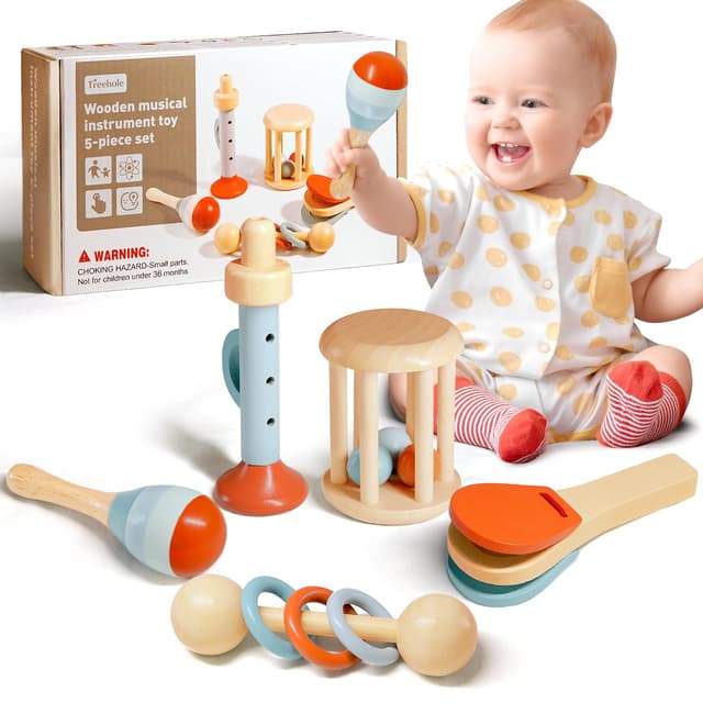 Arbolisse Montessori Baby Spielzeug 3 6 9 Monate, 5pc Holzspielzeug Spielzeug ab 1 Jahr, Montessori Spielzeug ab 6 Monate bis 1 Jahr, Baby Musikspielzeug Sensorisches Training lernspielzeug ab 1 Jahr Orange