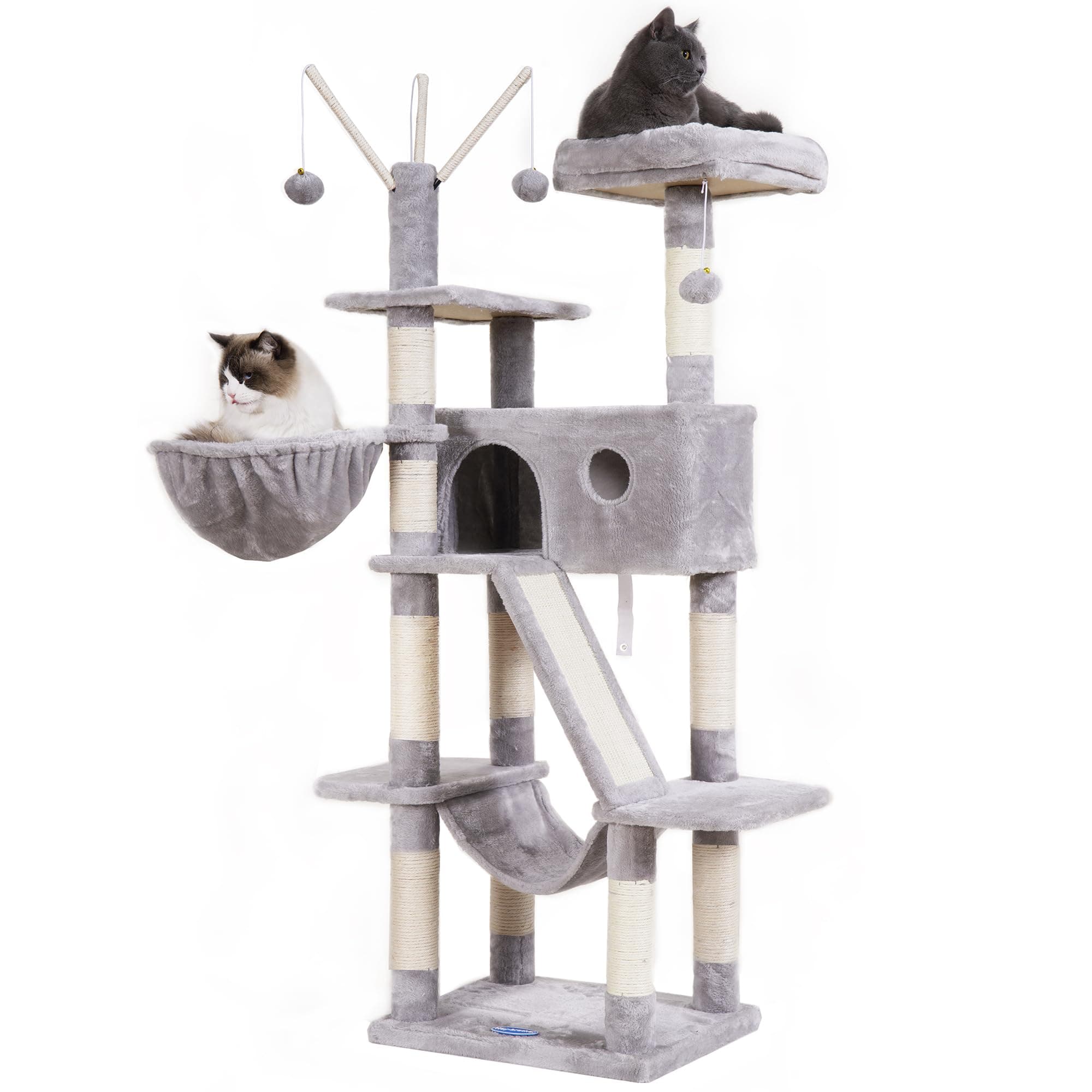 Hey-Brother Kratzbaum, 154 cm Indoor Katzenbaum, Mit gepolsterter Plattform Bett, Spielzeug Ball, Höhlen, Hängematte und Sisal Kratzbaum Katzenhaus, Hellgrau MPJ019W 154cm Hellgrau