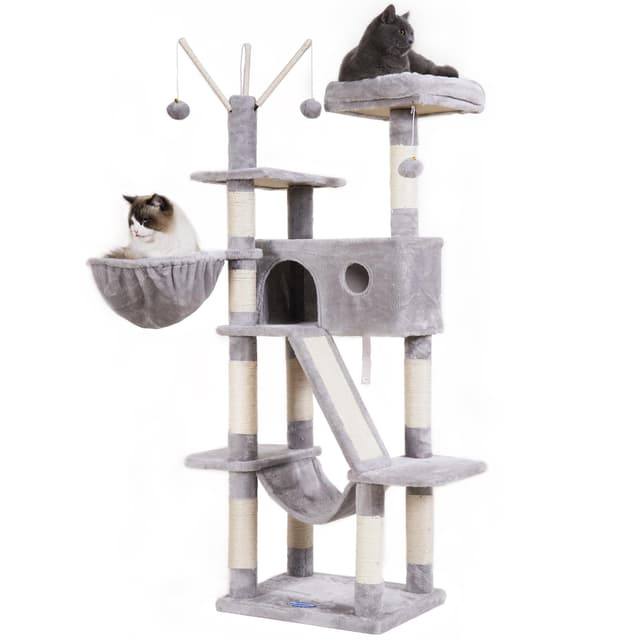 Hey-Brother Kratzbaum, 154 cm Indoor Katzenbaum, Mit gepolsterter Plattform Bett, Spielzeug Ball, Höhlen, Hängematte und Sisal Kratzbaum Katzenhaus, Hellgrau MPJ019W 154cm Hellgrau