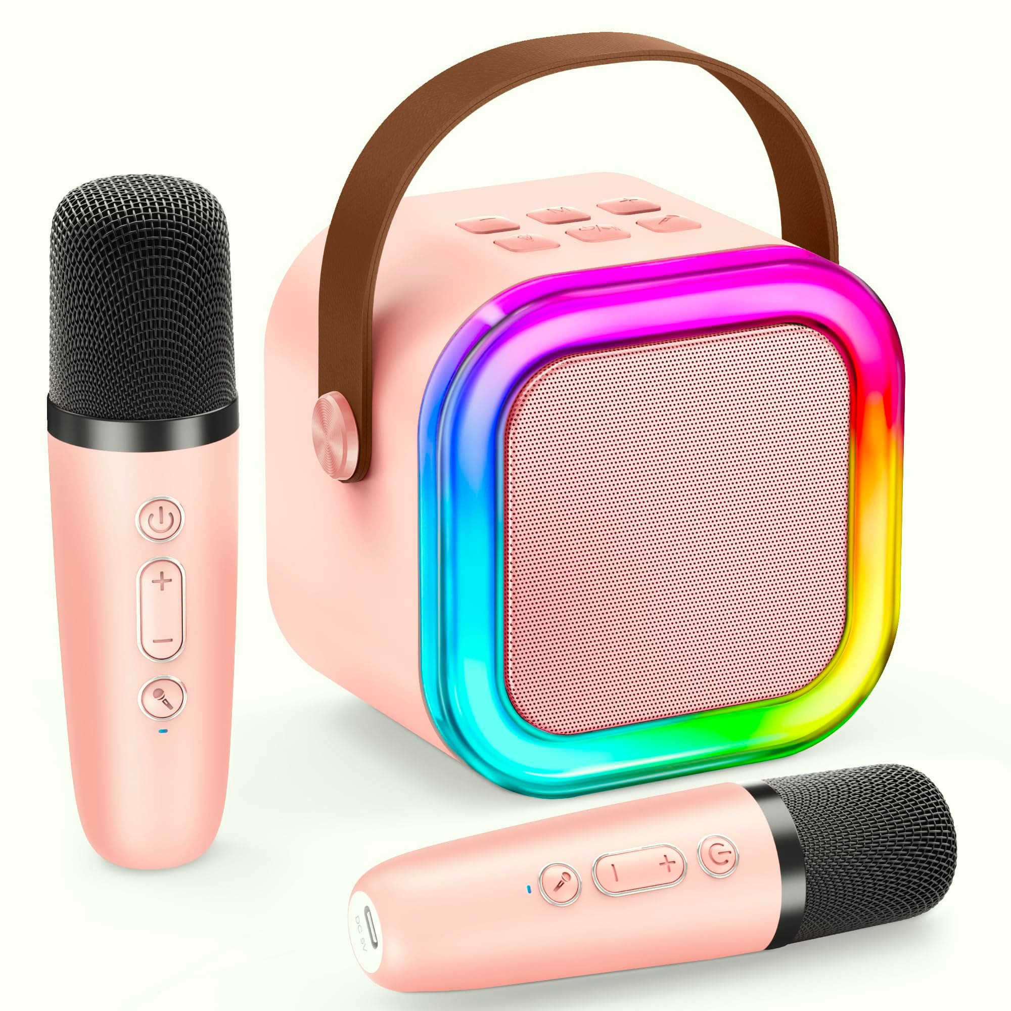 Karaoke Maschine Kinder IROO Mini Karaoke Maschine mit 2 Mikrofonen, Mädchen Mikrofon Kinder Geschenke für Kinder Tragbarer Bluetooth-Lautsprecher mit Stimme wechselnde Effekte und LED-Lichter(Rosa) Rosa-2
