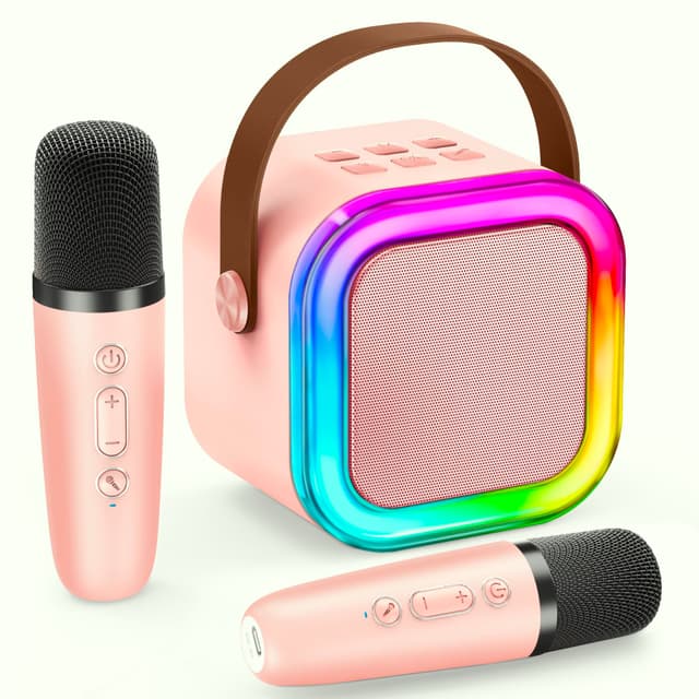 Karaoke Maschine Kinder IROO Mini Karaoke Maschine mit 2 Mikrofonen, Mädchen Mikrofon Kinder Geschenke für Kinder Tragbarer Bluetooth-Lautsprecher mit Stimme wechselnde Effekte und LED-Lichter(Rosa) Rosa-2