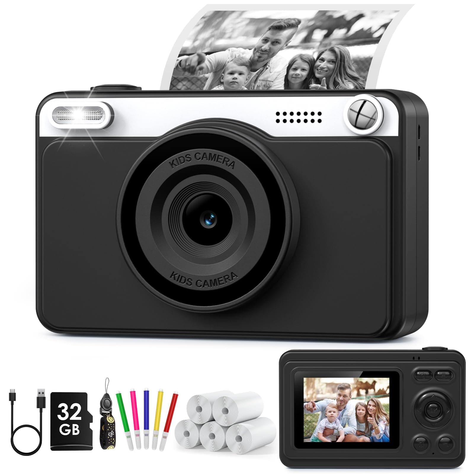 GREENKINDER Sofortbildkamera Kinder, 2.4 Zoll Bildschirm Kinderkamera Sofortbildkamera mit 32GB Speicherkarte & 5 Rollen Druckpapier,1080P Kamera Kinder Sofortdruck, Geschenk für 3-12 Jungen und Mädch Schwarz+Weiß
