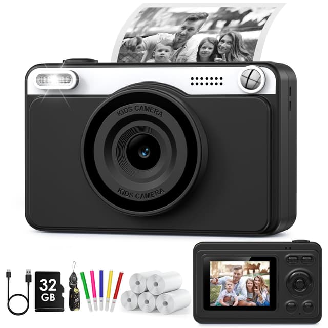 GREENKINDER Sofortbildkamera Kinder, 2.4 Zoll Bildschirm Kinderkamera Sofortbildkamera mit 32GB Speicherkarte & 5 Rollen Druckpapier,1080P Kamera Kinder Sofortdruck, Geschenk für 3-12 Jungen und Mädch Schwarz+Weiß