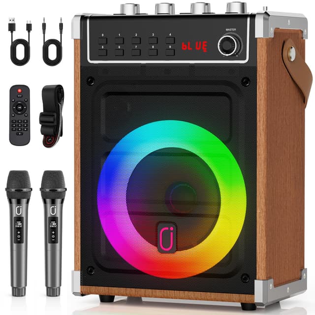 JYX Karaoke Maschine mit 2 UHF-Funkmikrofonen, Bluetooth-Lautsprecher mit Bass-/Höhen-Einstellung und LED-Licht, PA-Systemunterstützung TWS, AUX in, FM, Rec, Versorgung für Party/Erwachsene/Kinder Braun