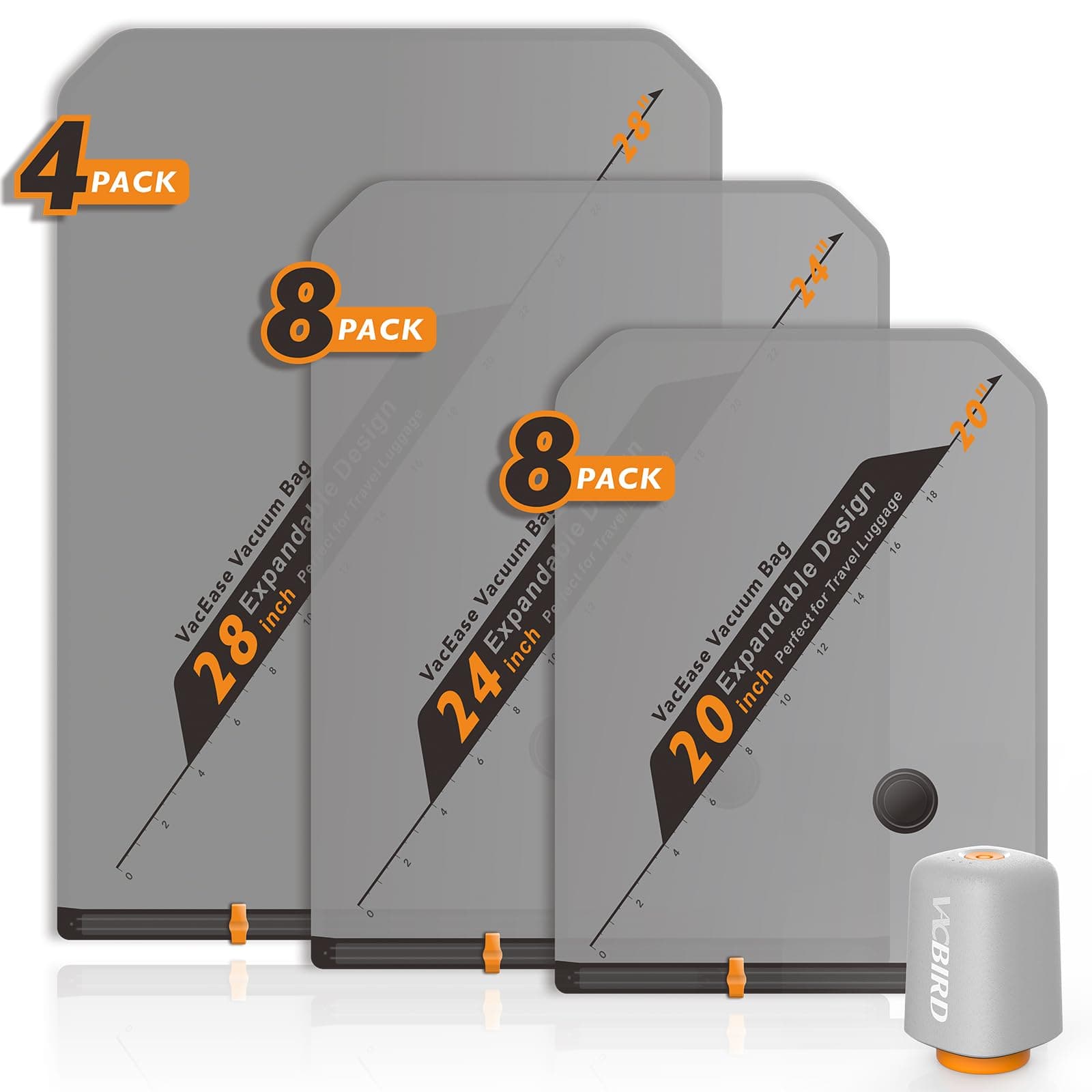 Vacbird Vakuumbeutel für Kleidung mit Kabellose Vakuumpumpe, 20 Stück (8x 40x54cm, 8x 47x64cm, 4x 54x74cm), Platzsparend Vakuumierbeutel für Kleidung – Speziell für Reisen und Kofferorganisation 20 Beutel (8S/8M/4L)+Akku-Pumpe