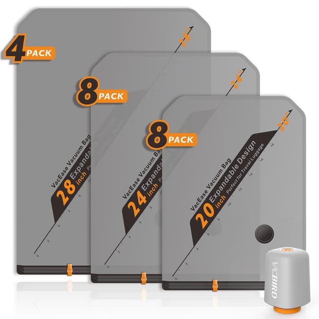Vacbird Vakuumbeutel für Kleidung mit Kabellose Vakuumpumpe, 20 Stück (8x 40x54cm, 8x 47x64cm, 4x 54x74cm), Platzsparend Vakuumierbeutel für Kleidung – Speziell für Reisen und Kofferorganisation 20 Beutel (8S/8M/4L)+Akku-Pumpe