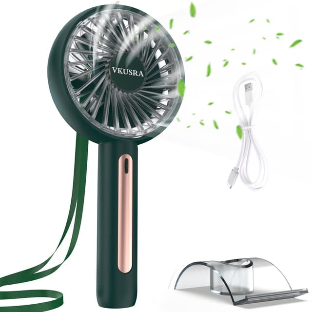 VKUSRA Handventilator, Ventilator Klein, USB Ventilator, Tragbarer Fan,Hand Ventilatoren Akku Aufladbar, 4 Windgeschwindigkeit, für Reisen, Büro, Zuhause, Draußen, Innen, Einstellbare Kopfstützen Grün