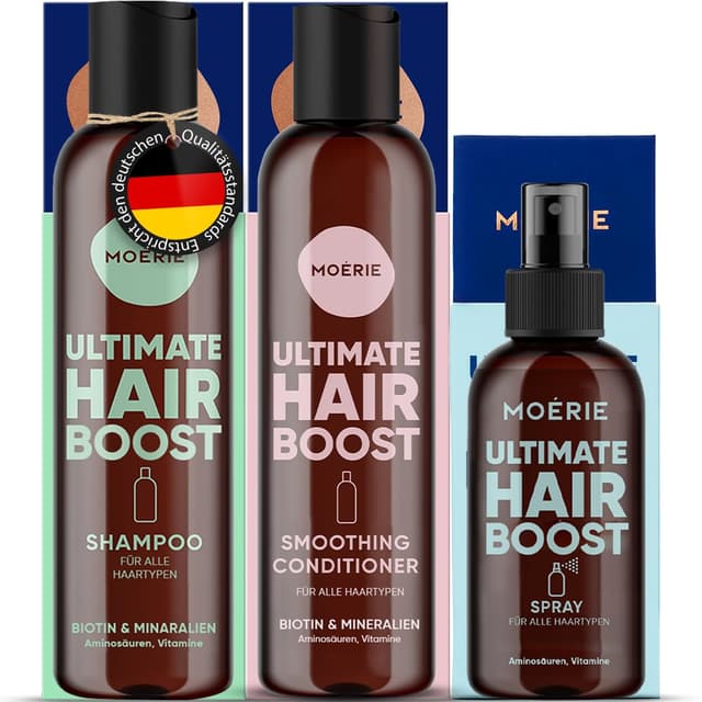 MOERIE Shampoo Set 3-teilig - Shampoo gegen Haarausfall, Conditioner & Haarwachstum Serum - natürliches Haarwachstum beschleunigen - Veganes Haarwuchsmittel Frauen & Männer - 77 Mineralien & Coffein 3er-Set