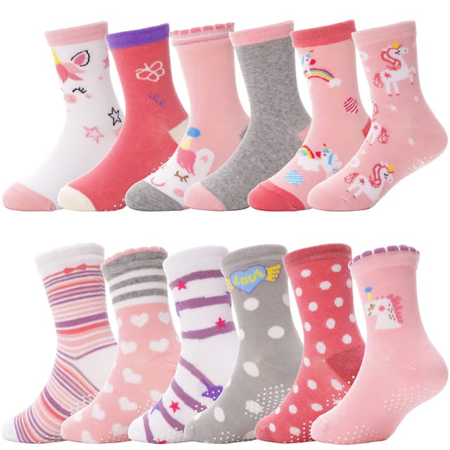 ANTSANG 12 Paare Stoppersocken Kinder Baby Mädchen Socken Anti Rutsch / Rutschfeste Socken Baumwolle Antirutschsocken für Kinder Mädchen Kleinkind