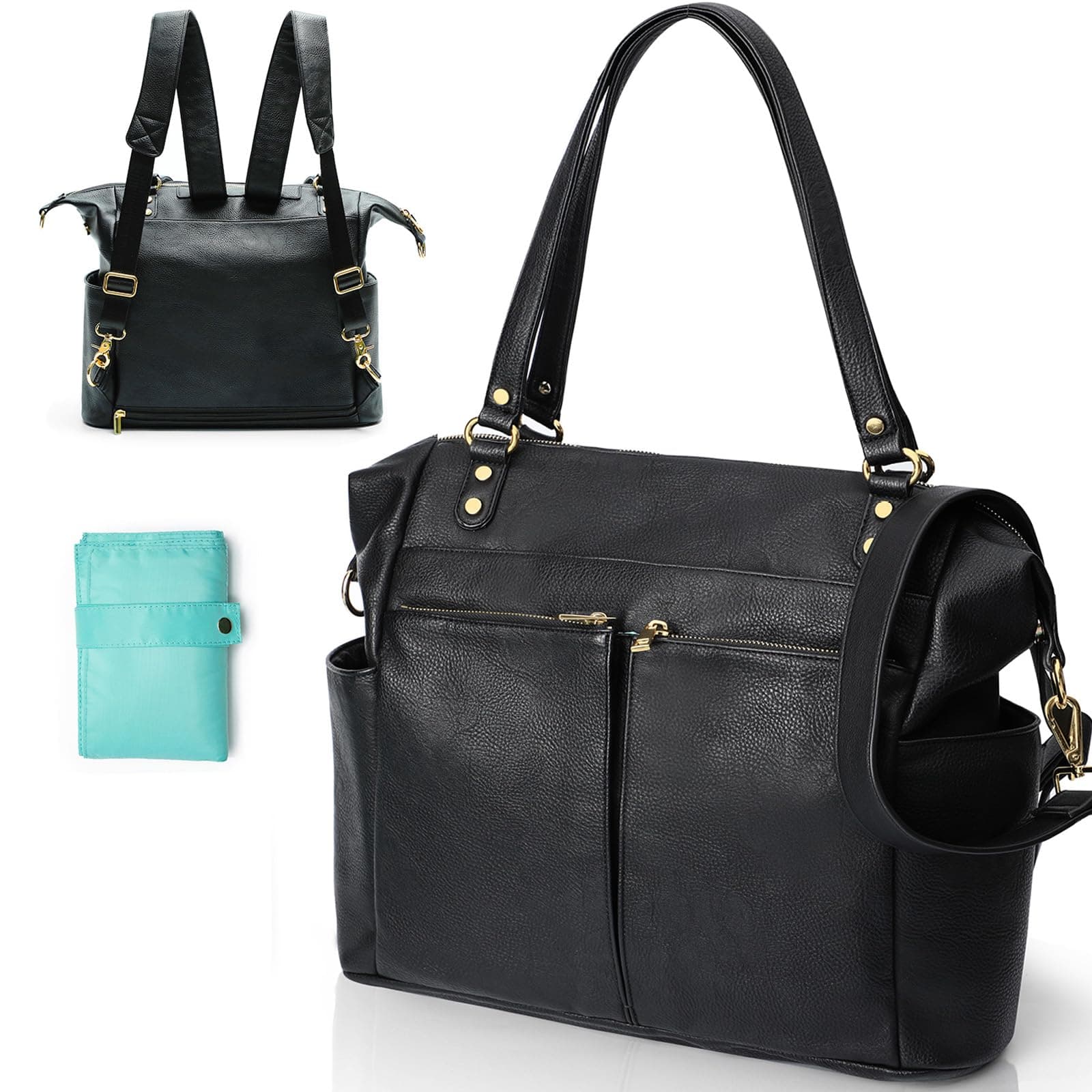 MISS FONG Wickelrucksack Wickeltasche Leder, Baby Rucksack Wickelrucksack Große Kapazität Mit 13 Wickeltasche Organizer, Wickelunterlage für Mama & Papa Wasserdichter Rucksack-Schwarz
