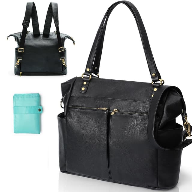MISS FONG Wickelrucksack Wickeltasche Leder, Baby Rucksack Wickelrucksack Große Kapazität Mit 13 Wickeltasche Organizer, Wickelunterlage für Mama & Papa Wasserdichter Rucksack-Schwarz