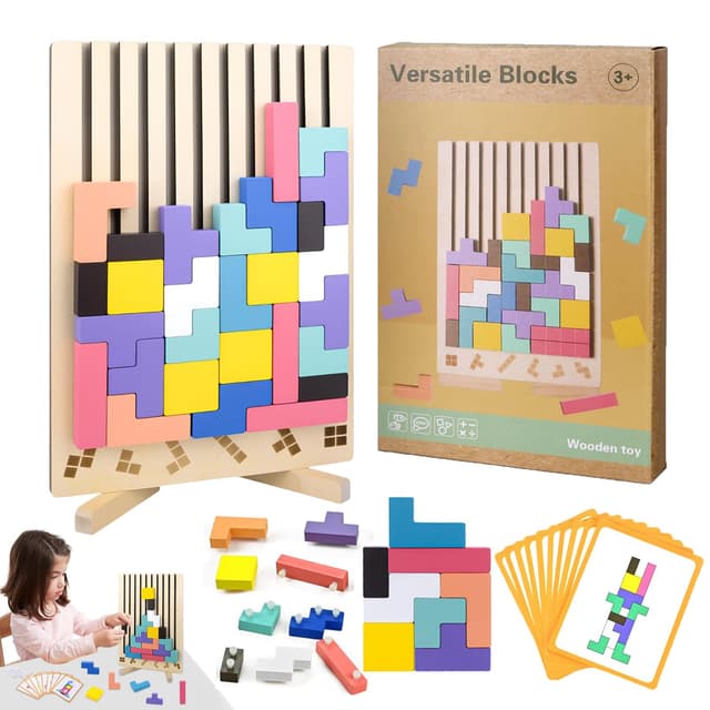 Tetris Holzpuzzle Kinder, Holz Tetris Stapelpuzzle Spielzeug mit 10 Karten, 3D Bunt Tetris Blöcke Stapelspiel mit Halterung, Montessori Spielzeug ab 3 Jahre, Geschenk für Jungen und Mädchen (A)