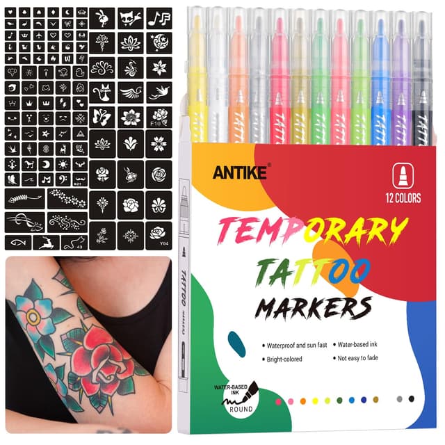 Tattoo Stifte Kinder,12 Temporäre Tattoo Stifte Für die Haut mit 4 Tattoo Schablonen 104 Muster Tattoostifte Für Kinder Erwachsene Halloween Weihnachten Party ZYH2311001KIT