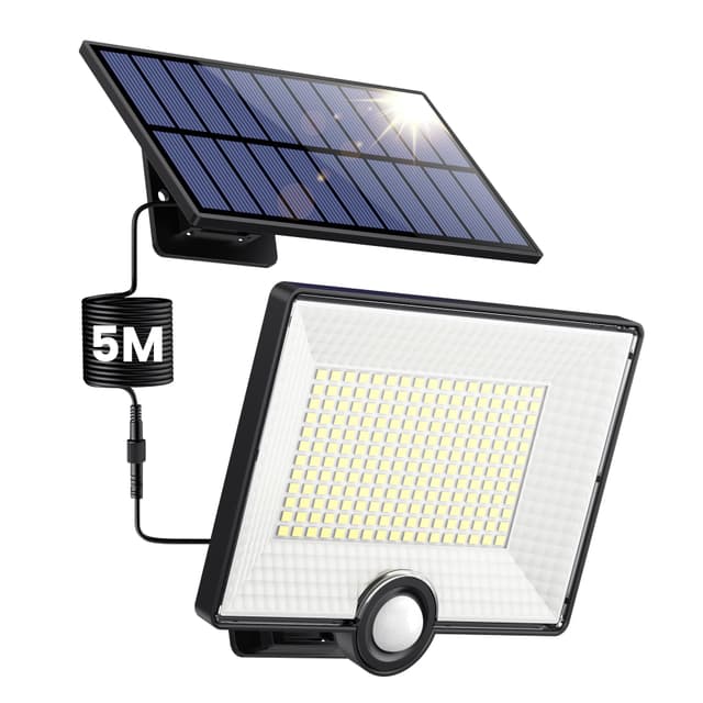 Pxwaxpy 204 LED Solarlampen für Außen, Solarleuchte mit Bewegungsmelder, 3 Modi Solar Strahler Solar Aussenleuchte 120°Beleuchtungswinkel, Solar Wandleuchte für Garten mit 5m Kabel-1 Stück