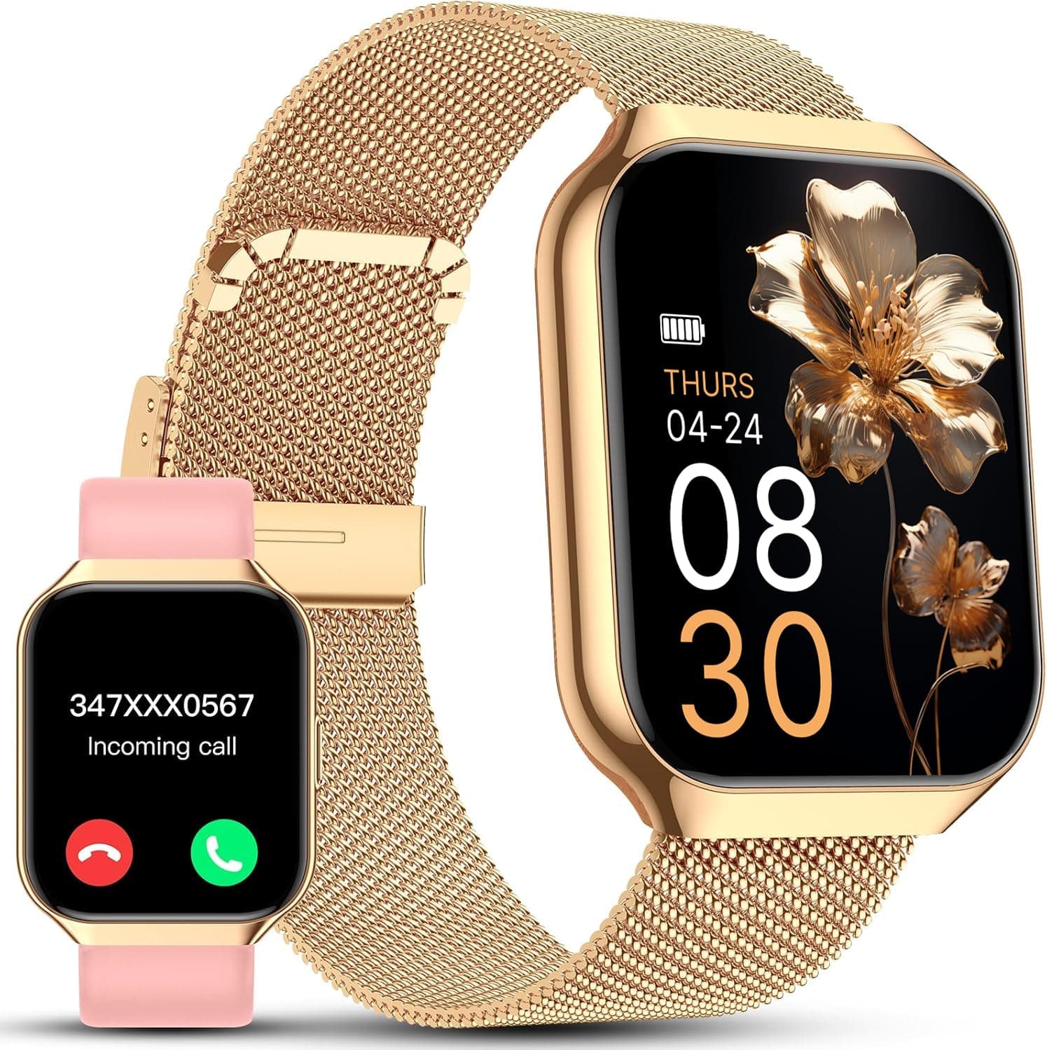 Smartwatch Damen mit Telefonfunktion 1,91" Zoll Touchscreen Fitness Tracker 200+ Sportmodi IP68 Wasserdicht Fitnessuhr mit Herzfrequenz SpO2 Schlafmonitor Schrittzähler Smart Watch für iOS Android Gold