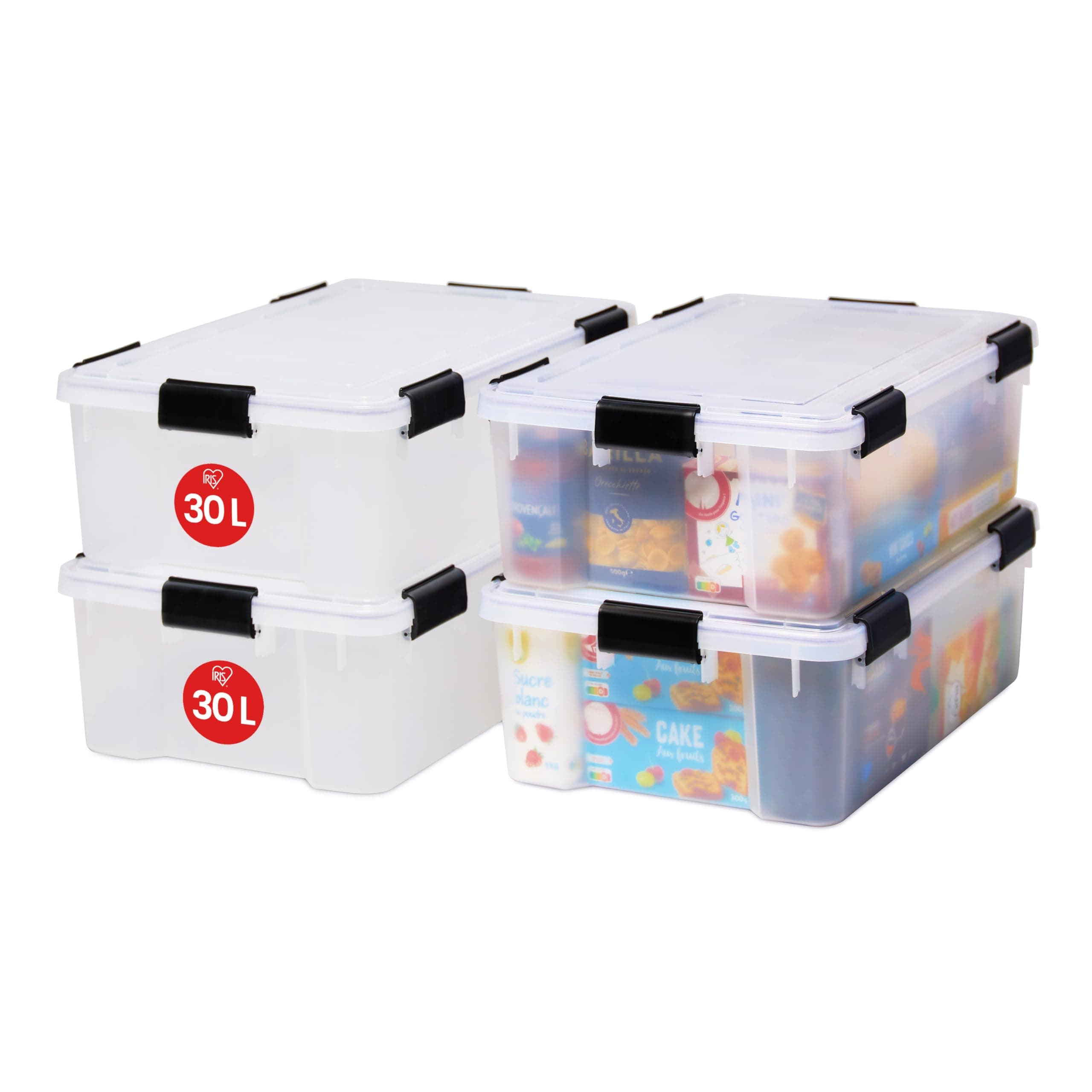 Iris Ohyama Luftdichte Kunststoff-Aufbewahrungsboxen mit Deckel, 30L, 4er-Set, Transparent, Hermetischer wasserdichter Verschluss, Robuste Schnappverschlüsse, Stapelbar, Staubschutz, BPA-frei, AT-LS Transparent 30L / 4er-Set